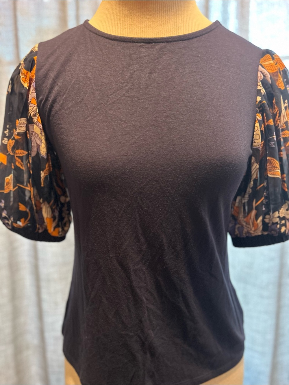 Philosophy Blue Blouse with Patterned Puff Sleeves